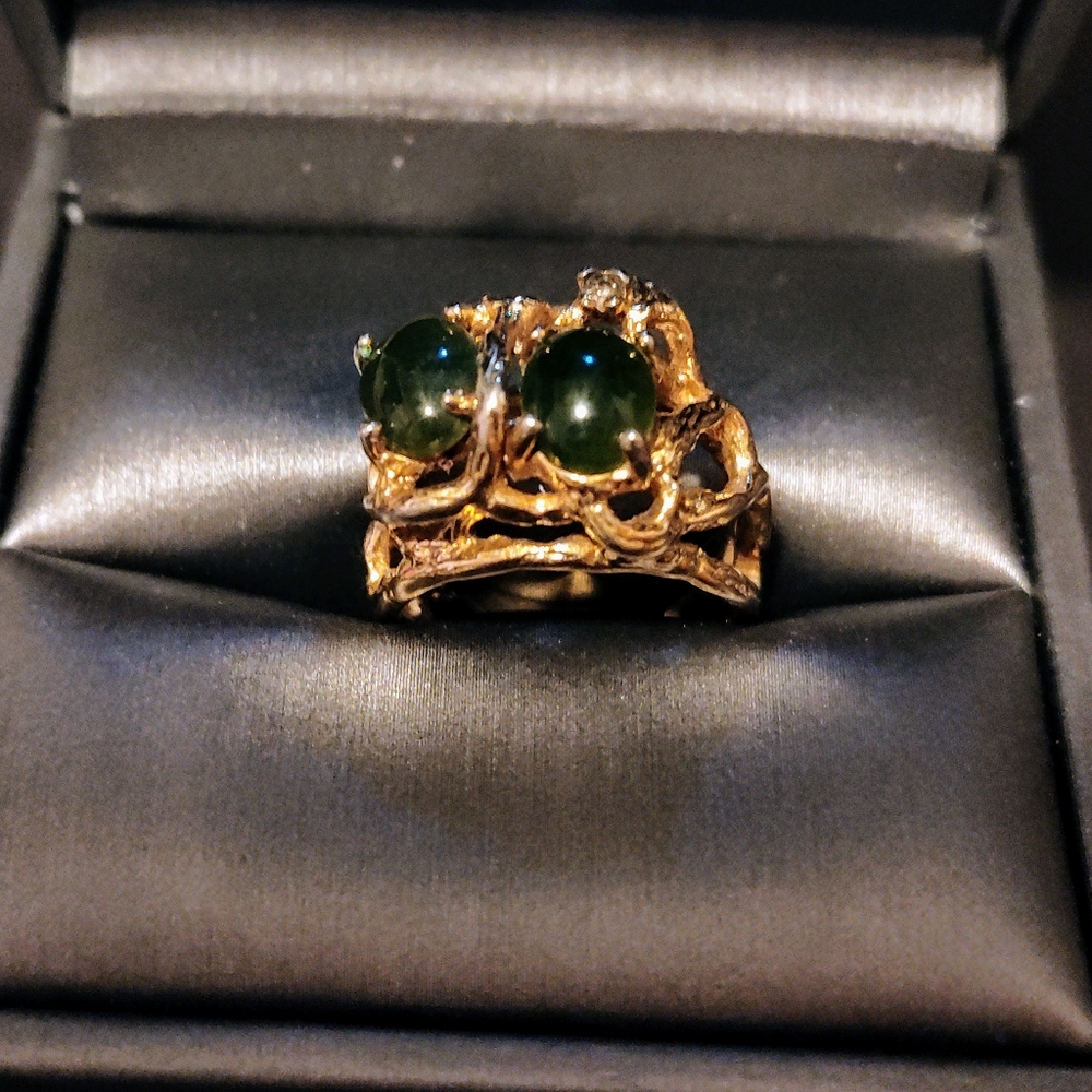 Vintage Gold Plating over Silver, Vine and Jade Ring